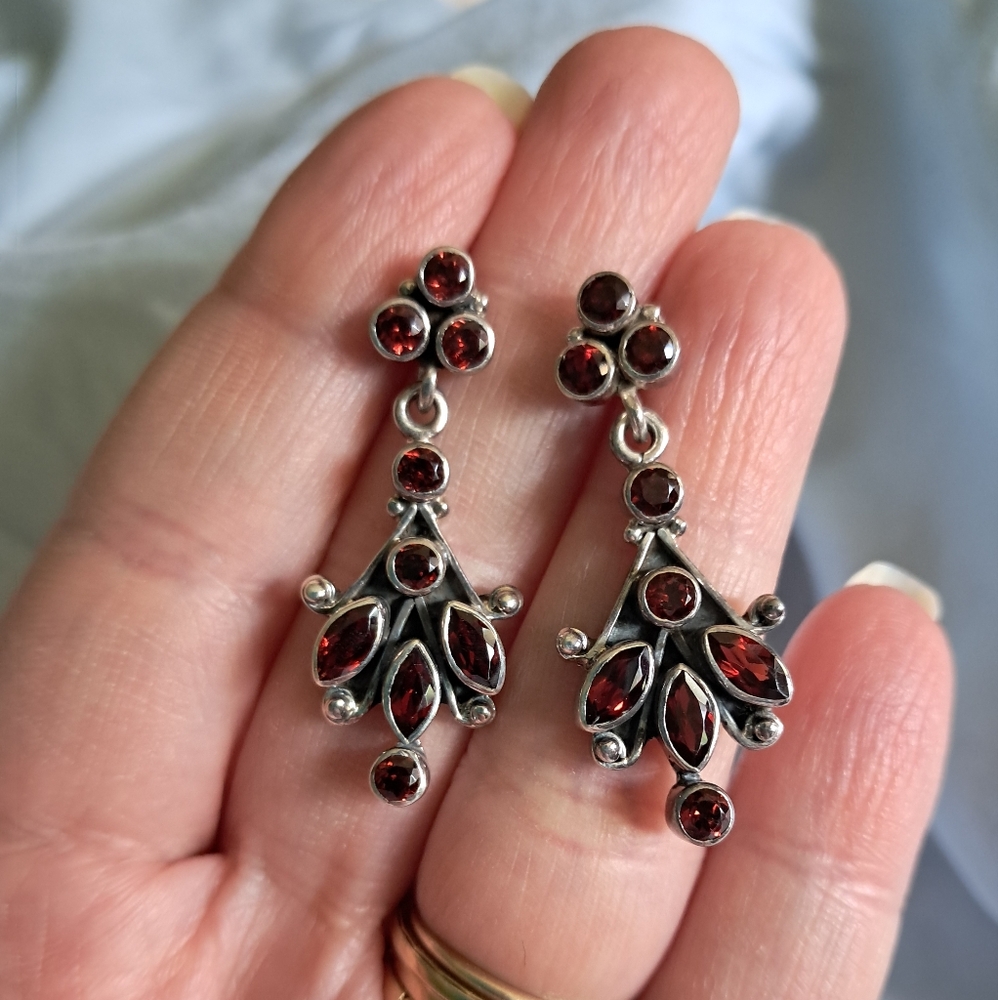 Vintage Bohemian Garnet Sterling Silver Artisan Handmade Chandelier Earrings